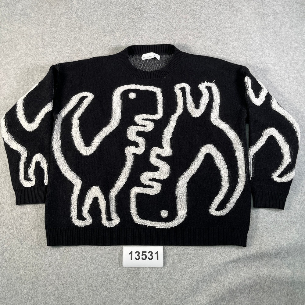 Threaded Leaf Dinosaur Sweater Womens Medium Black Excellent Graphic Knit Top
